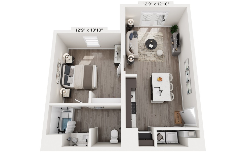 1 Bedroom with 1 Bath with 624 sq. ft. in 3D