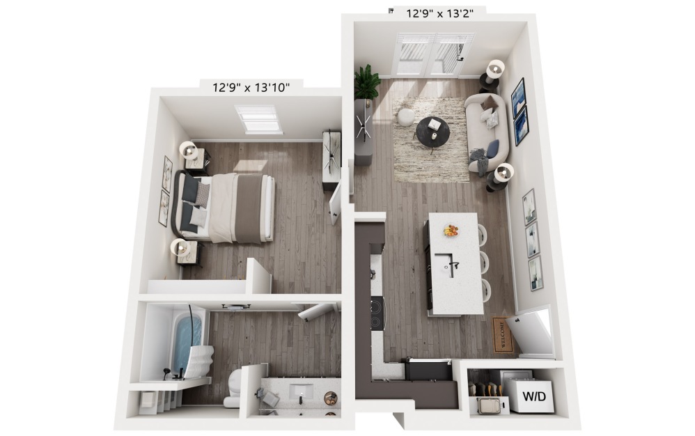 1 Bedroom with 1 Bath with 626 sq. ft. in 3D