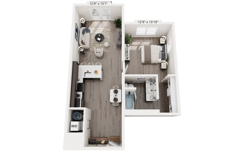 1 Bedroom with 1 Bath with 758 sq. ft. in 3D