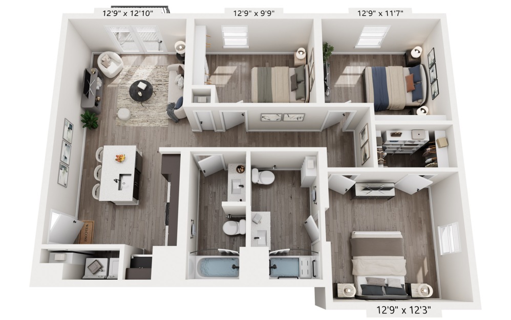 Floorplan of a 3 Bed Apartment Home in 3D